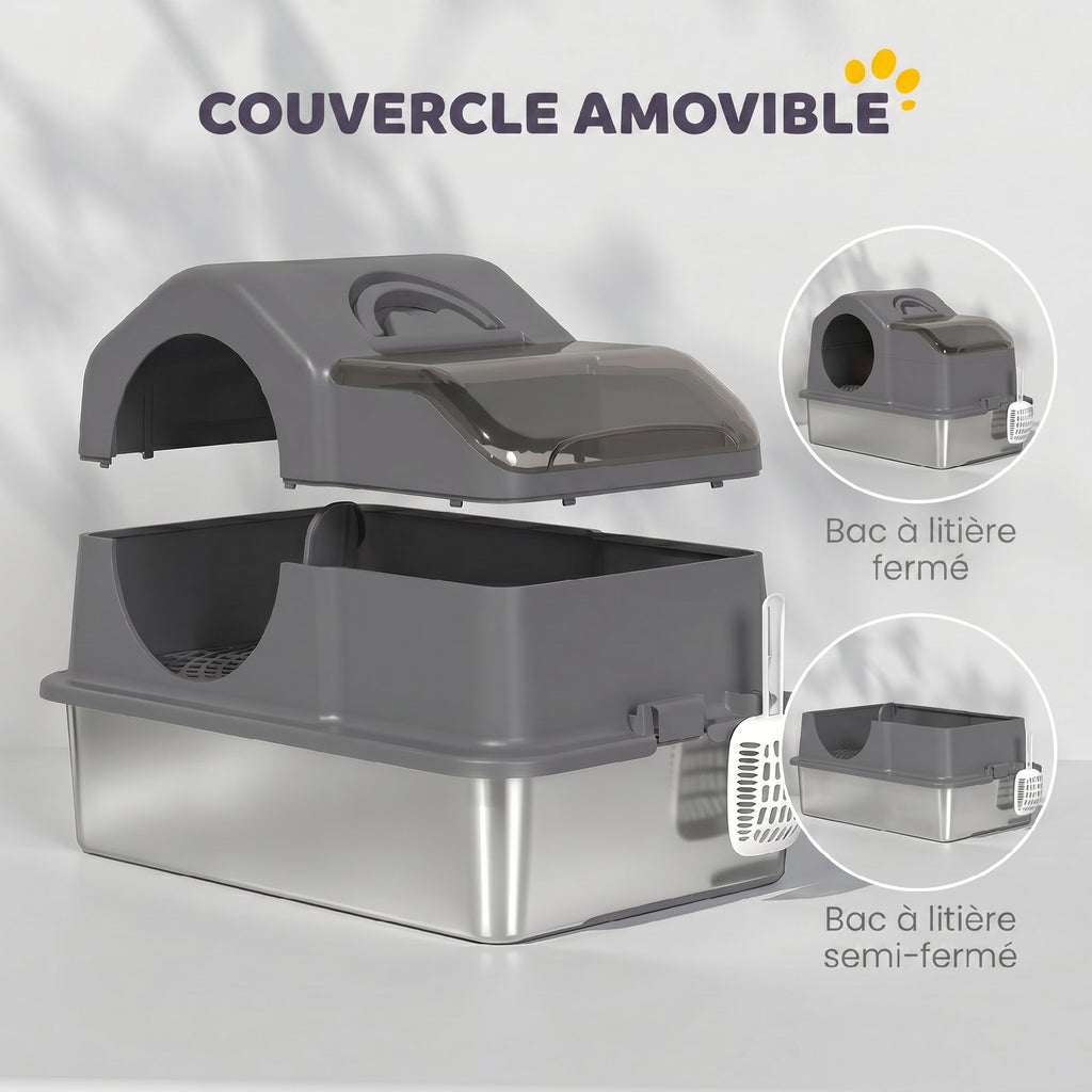Maison de toilette fermée pour chat en inox gris foncé – vue 3