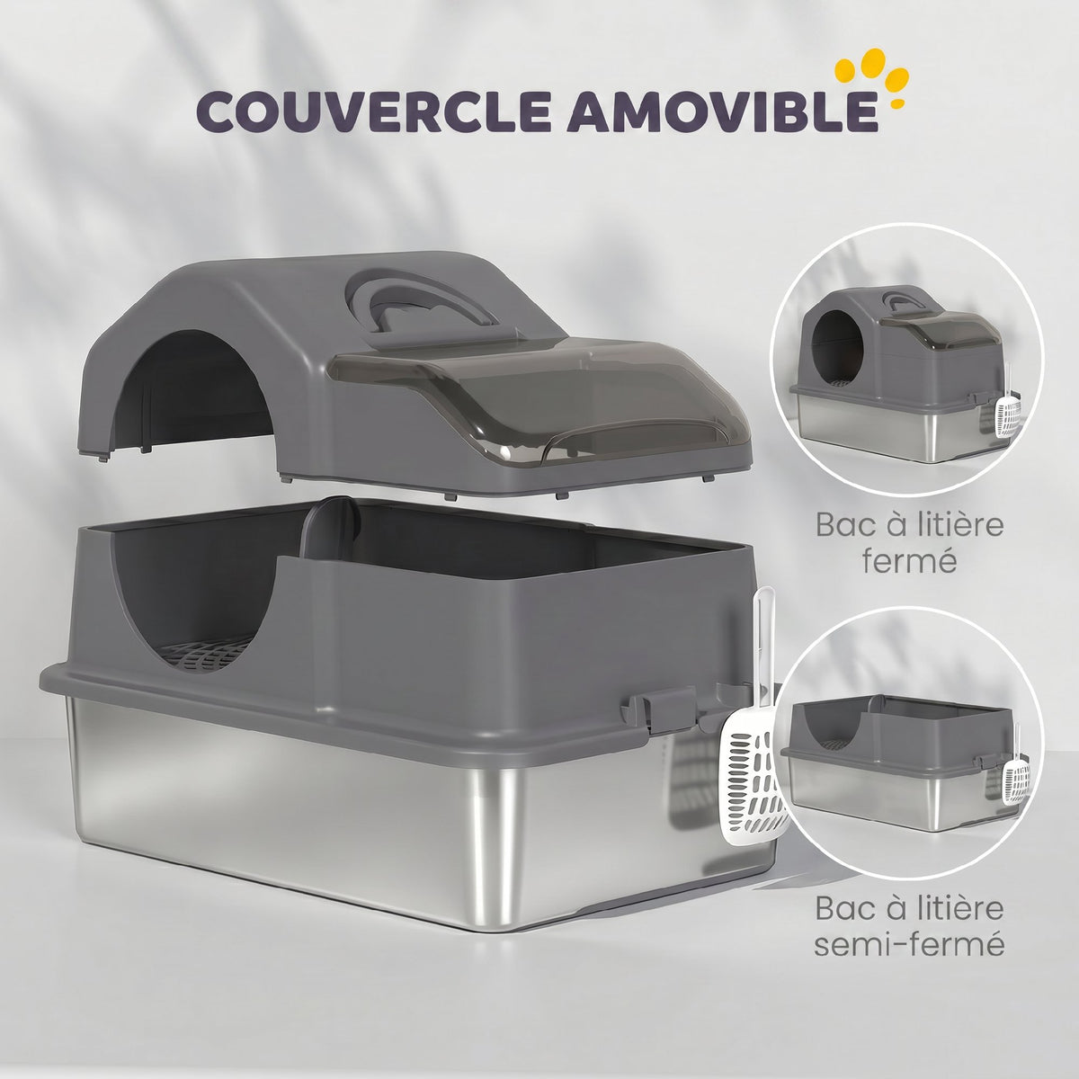 Maison de toilette fermée pour chat en inox gris foncé – vue 3