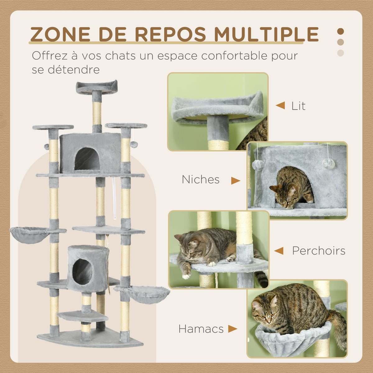 Arbre à chat XXL 200 cm avec plateformes et niches – vue 4