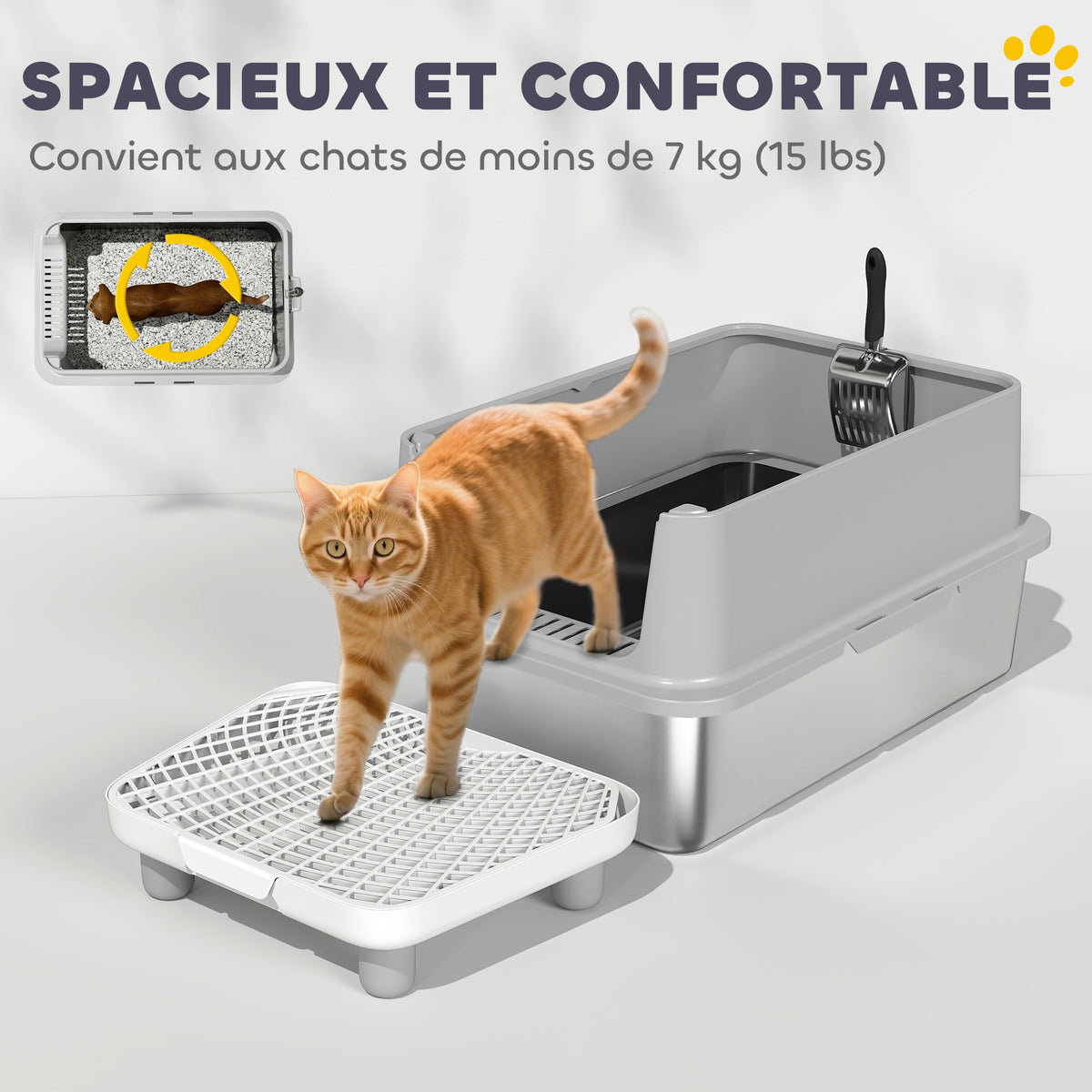 Bac à litière XL en inox à parois hautes – vue 2