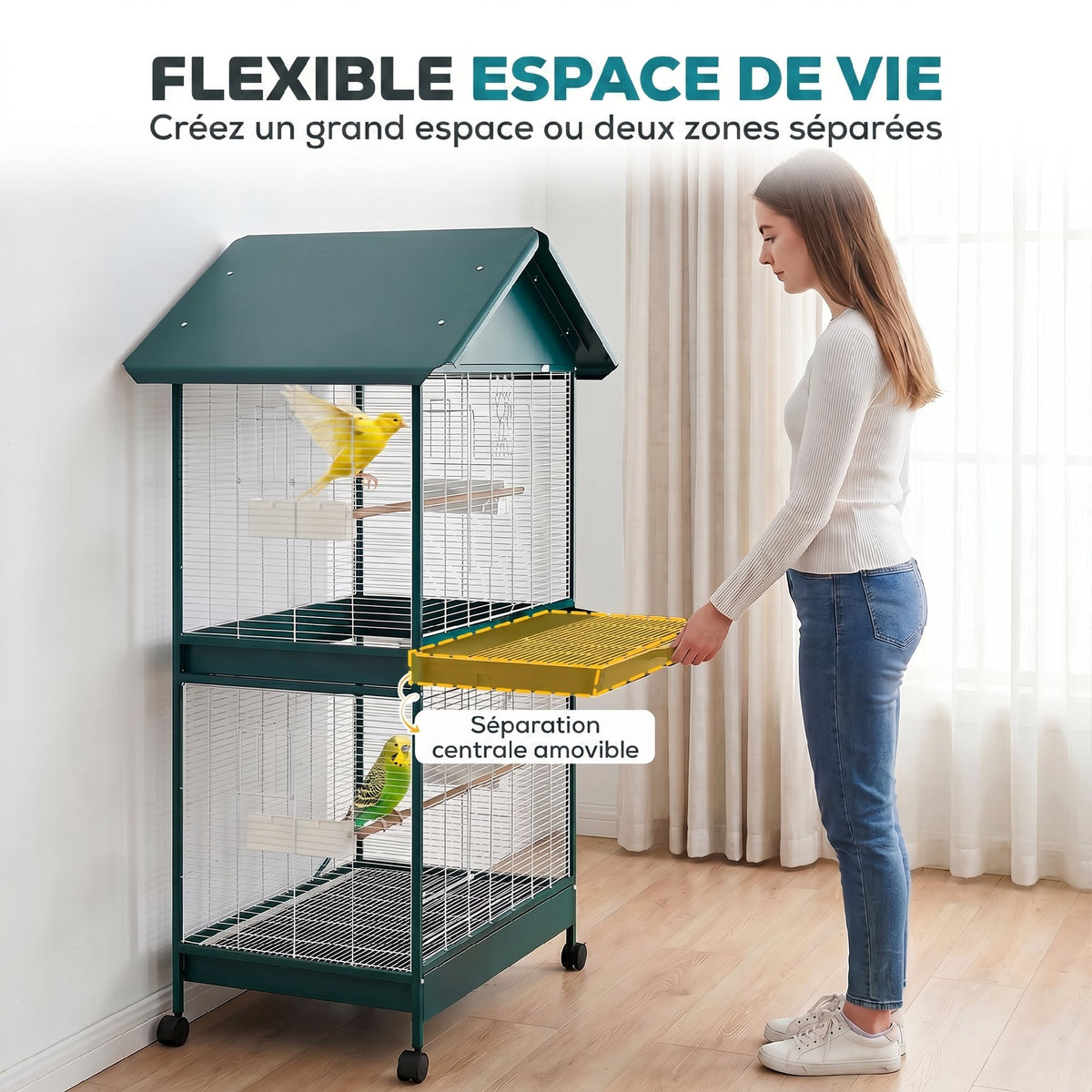 Grande volière sur roulettes avec cloison amovible – vue 3