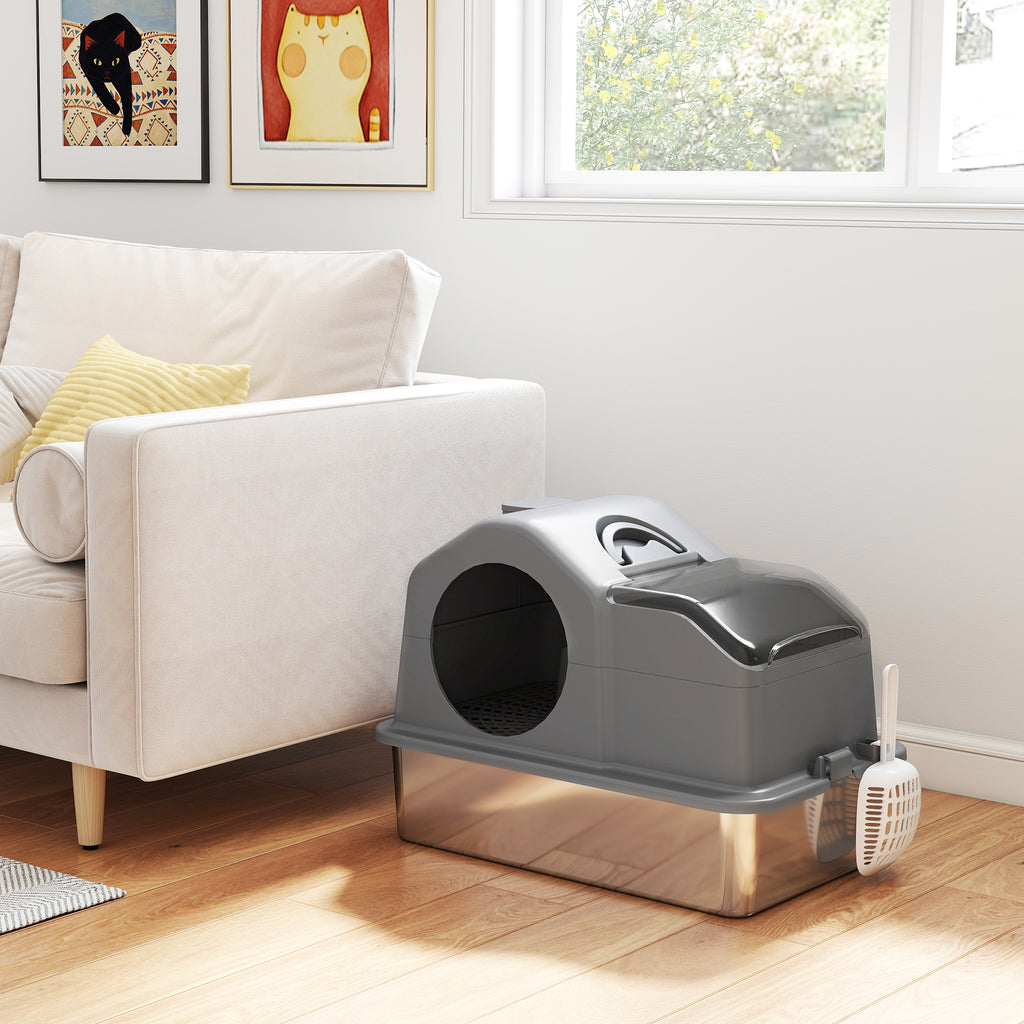 Maison de toilette fermée pour chat en inox gris foncé – vue 2