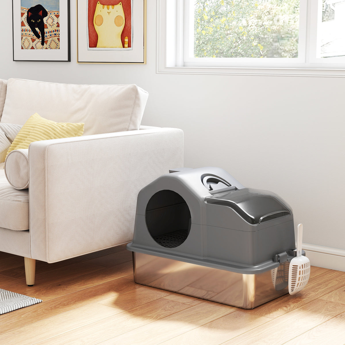 Maison de toilette fermée pour chat en inox gris foncé – vue 2