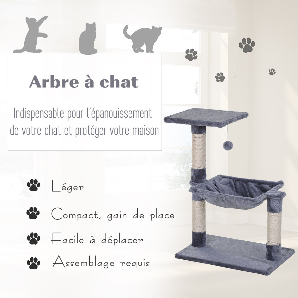 Petit arbre à chat gris avec 3 griffoirs et hamac – vue 4