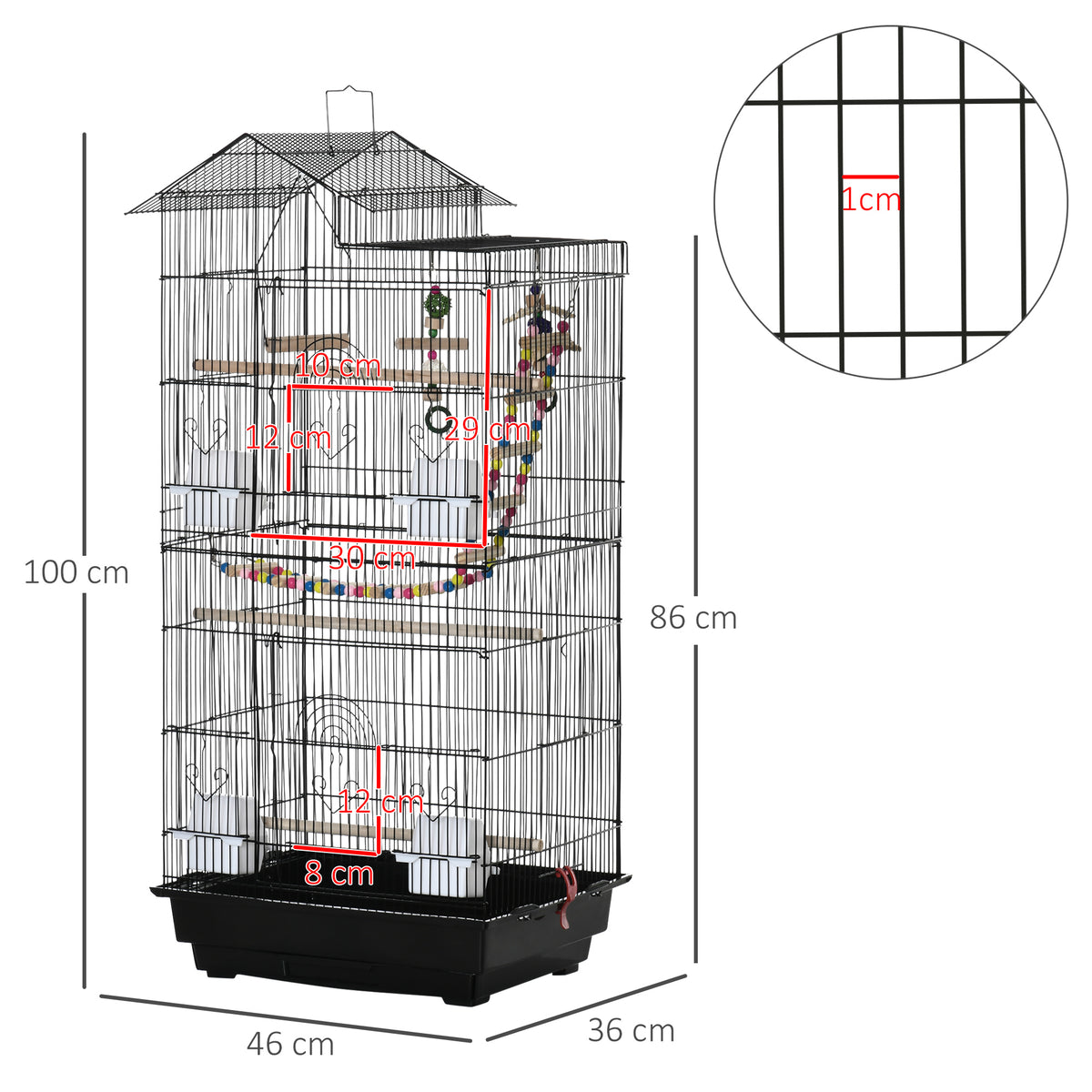 Cage à oiseaux 100 cm avec perchoirs et mangeoires – vue 2