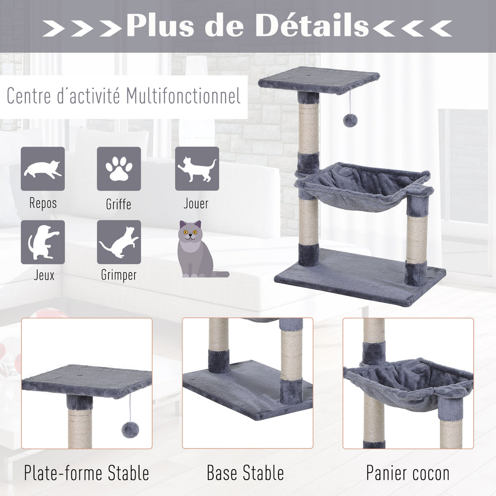 Petit arbre à chat gris avec 3 griffoirs et hamac – vue 5