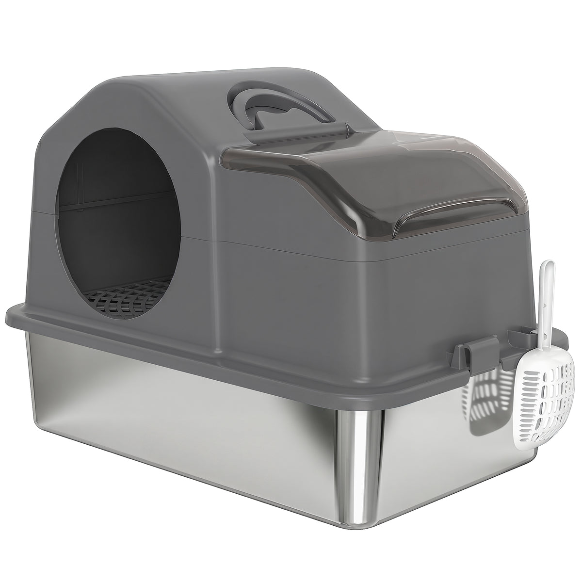 Maison de toilette fermée pour chat en acier inoxydable gris foncé