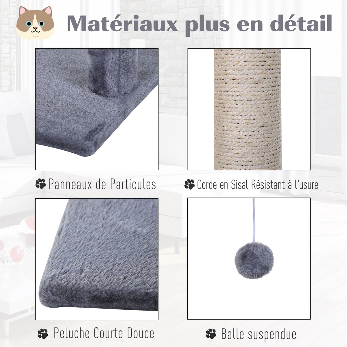 Petit arbre à chat gris avec 3 griffoirs et hamac – vue 6