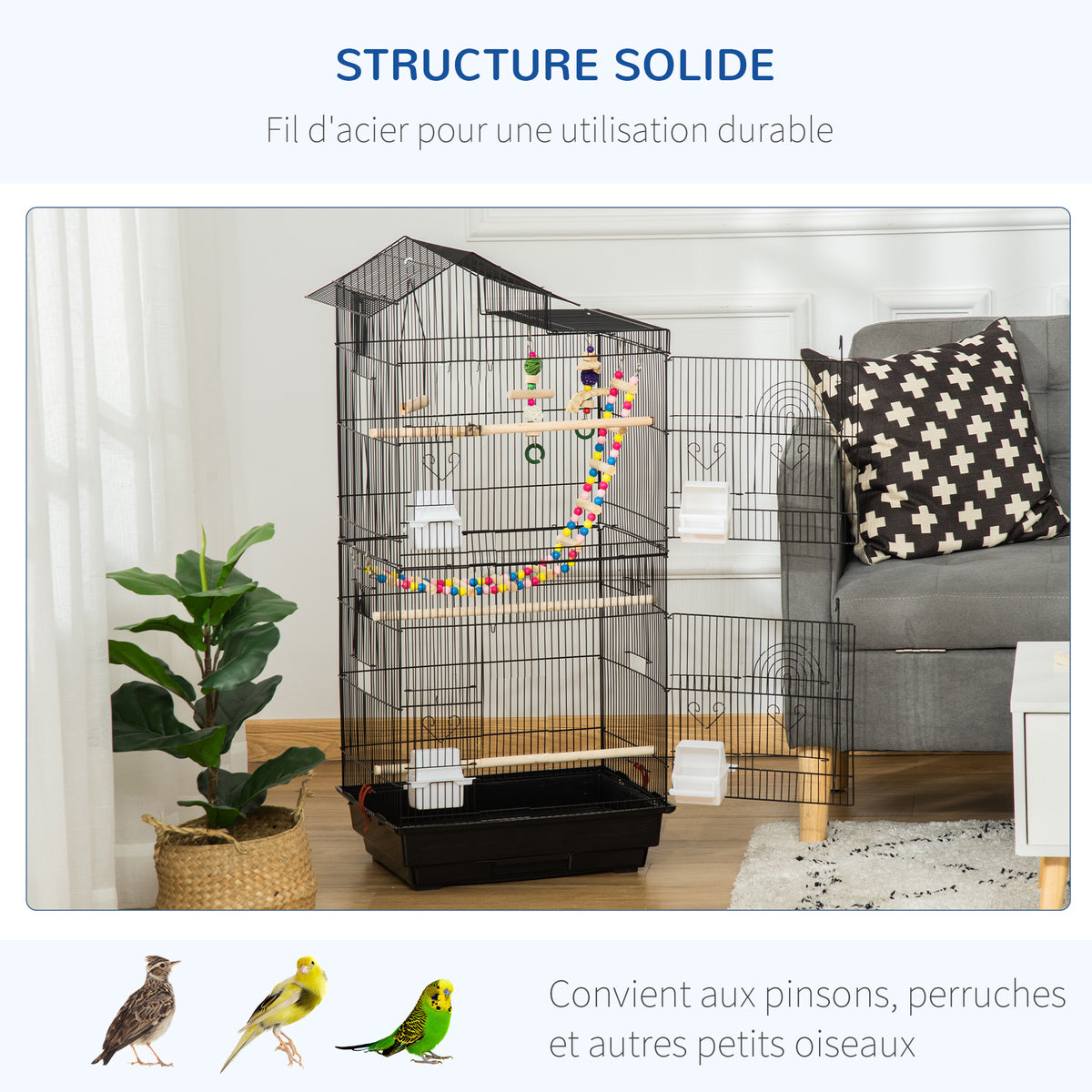 Cage à oiseaux 100 cm avec perchoirs et mangeoires – vue 3
