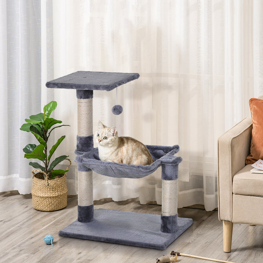 Petit arbre à chat gris avec 3 griffoirs et hamac – vue 2