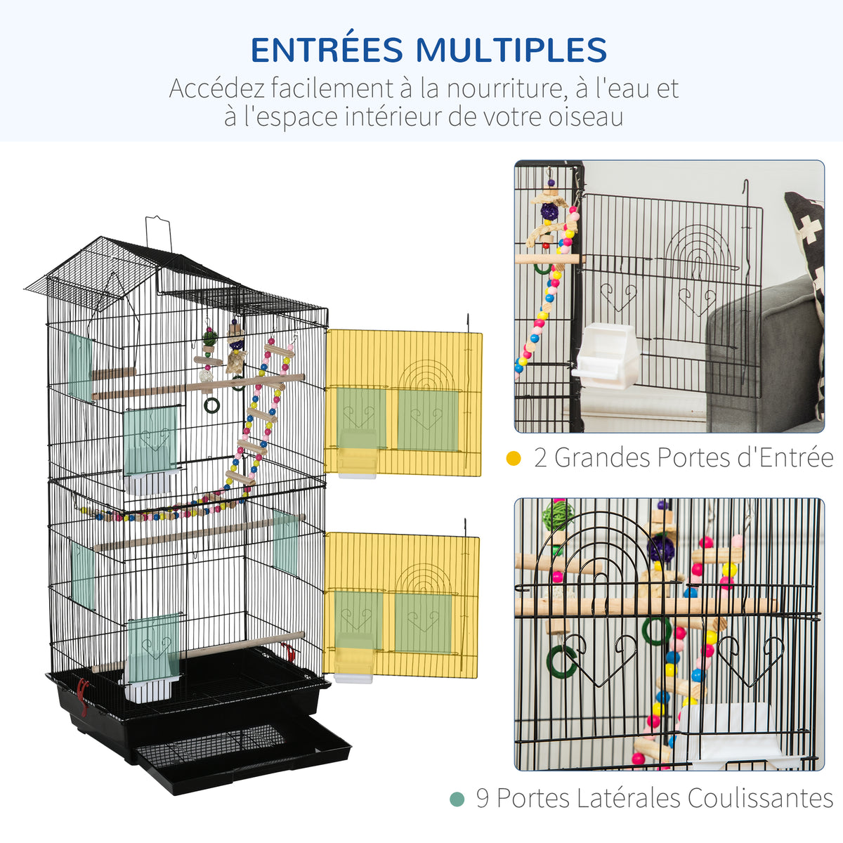 Cage à oiseaux 100 cm avec perchoirs et mangeoires – vue 4