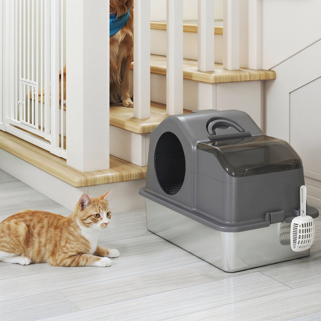 Maison de toilette fermée pour chat en inox gris foncé – vue 9