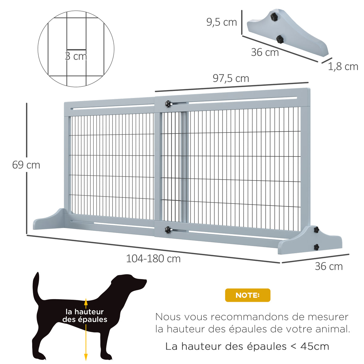 Barrière pour chien en bois bleu-gris autoportante
